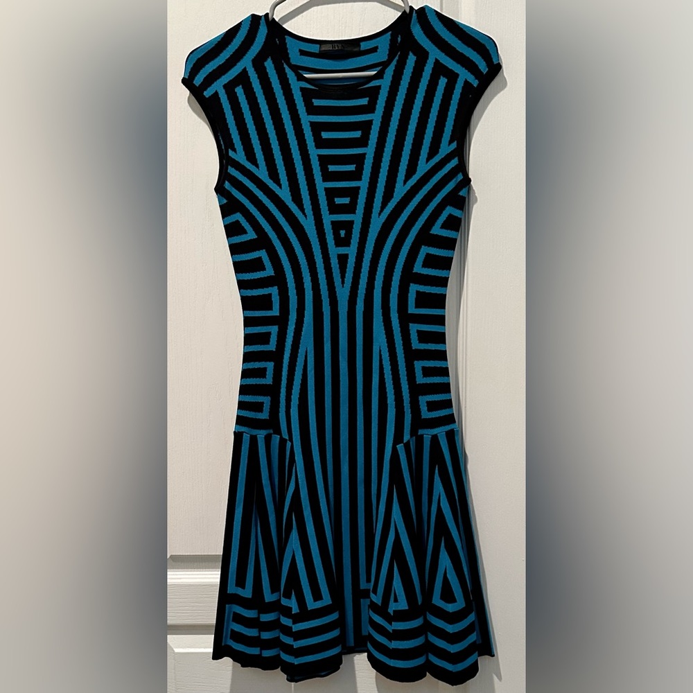 RVN Cap Sleeve Stripe Geometric Knit Mini Skater Dress in Black & Peacock